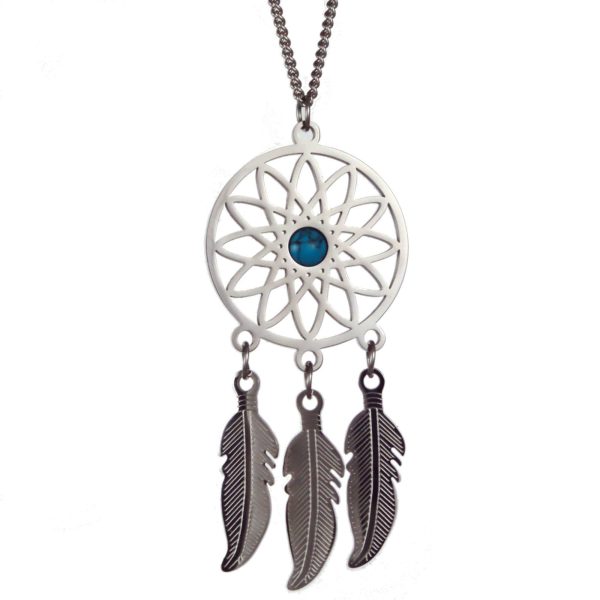 Traumfänger Kettenanhänger, silber mit türkisem Zierstein (7x3cm) Im Angebot